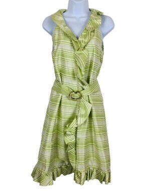 Sara Campbell Silk Wrap Around Dress Womens Size 8 Ruffles Green Striped Belted